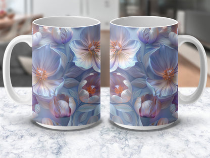 Floral Ceramic Mugs, Blue and Purple Flower Print, Elegant Coffee Cups, Gift Idea, Set of 2