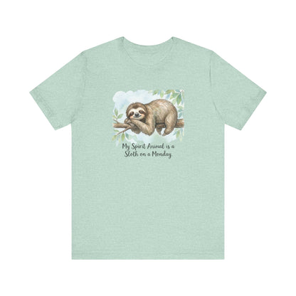 Watercolor painting of a sloth on a branch with text "My Spirit Animal is a Sloth on a Monday."
