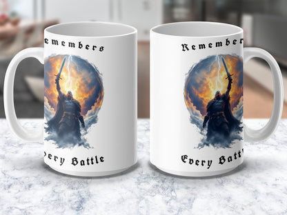 Knight Battle Coffee Mug, Fiery Sky Warrior Art, Medieval Fantasy Drinkware, Gift for Gamers