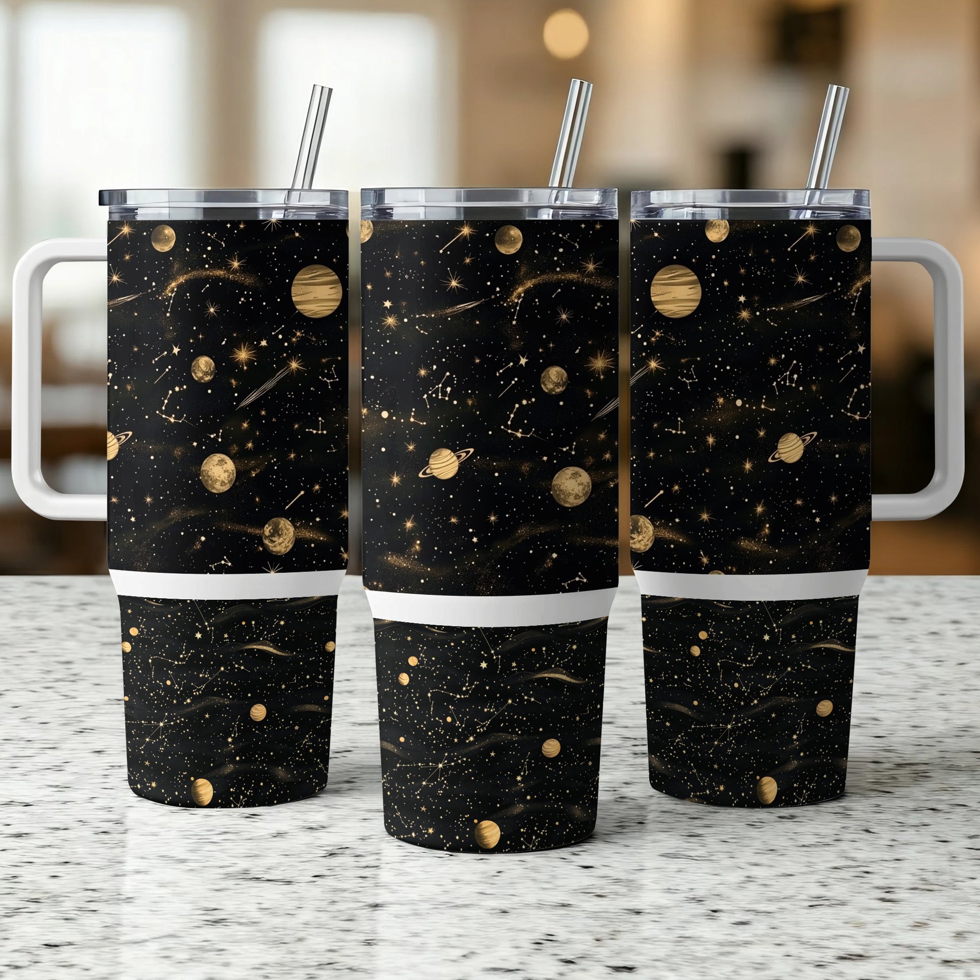 Galaxy Print Insulated Tumblers, Stainless Steel Travel Mugs, Gold Space Design, 20 oz Drinkware with Straws, Set of 3
