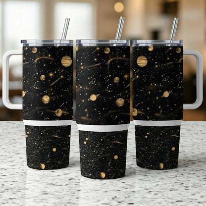 Galaxy Print Insulated Tumblers, Stainless Steel Travel Mugs, Gold Space Design, 20 oz Drinkware with Straws, Set of 3