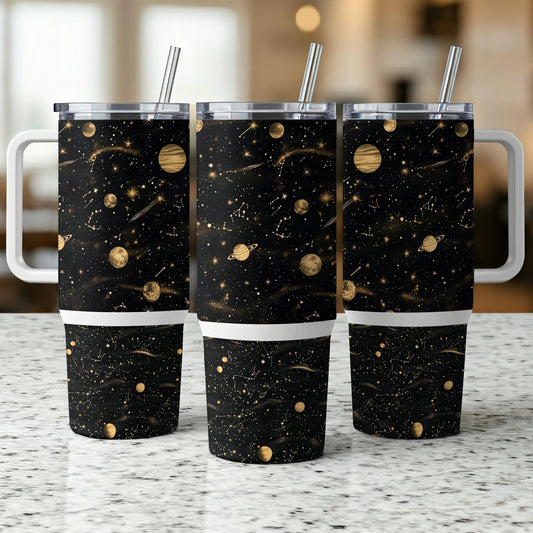 Galaxy Print Insulated Tumblers, Stainless Steel Travel Mugs, Gold Space Design, 20 oz Drinkware with Straws, Set of 3