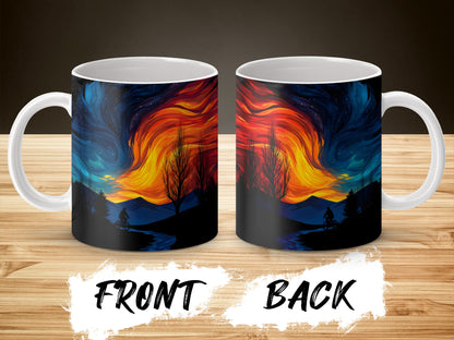 Colorful Nature Landscape Mug, Artistic Forest Fire Design, Unique Gift Coffee Cup, Vibrant Art Print