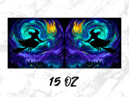 Colorful Witch and Cat Digital Art Print, Abstract Witchcraft Wall Art, Magical Decor, Fantasy Art Poster, Dual Canvas Set 15 Oz