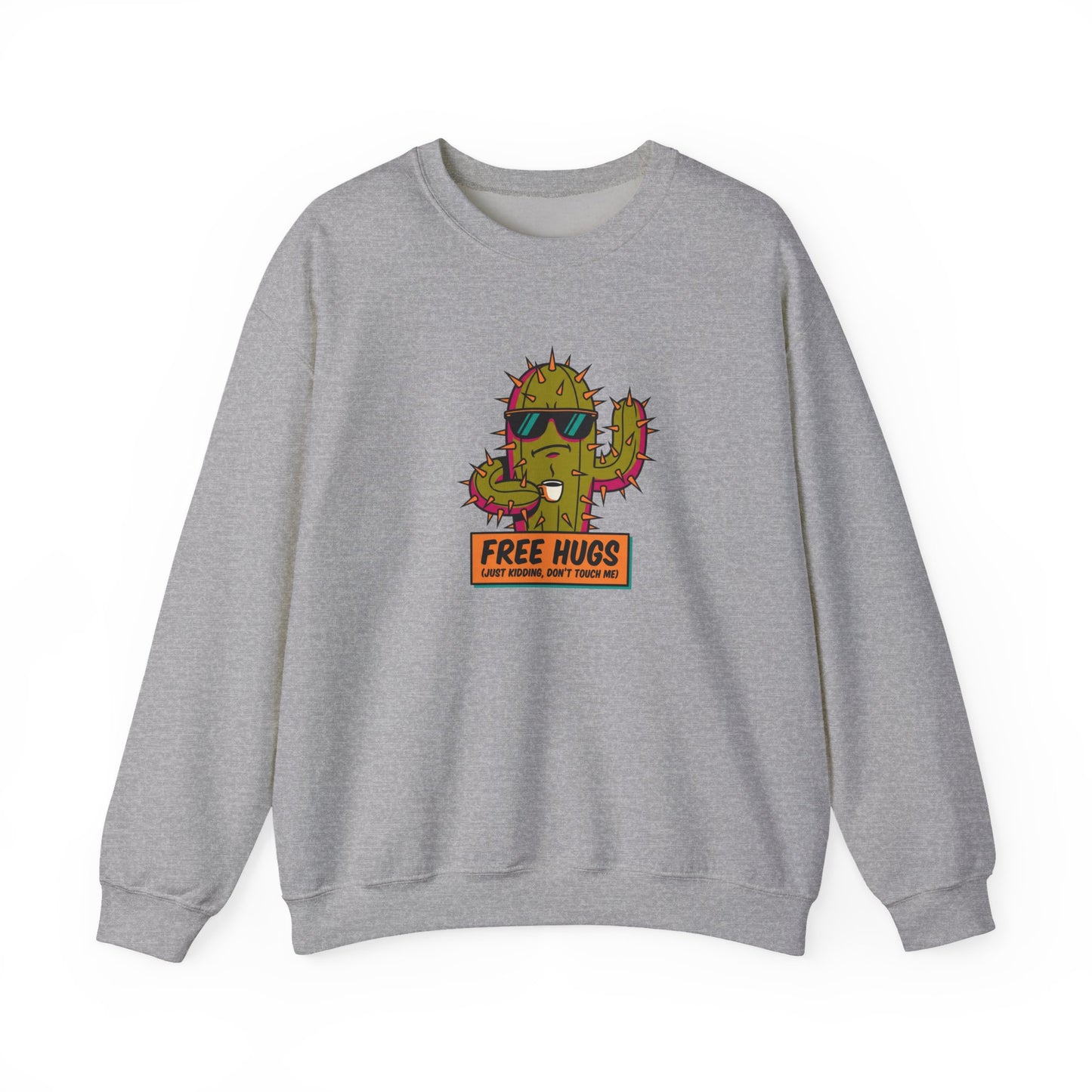 Gray sweatshirt with cartoon cactus wearing sunglasses and text "FREE HUGS, LOVING KINDNESS, DON'T TOUCH ME!"
