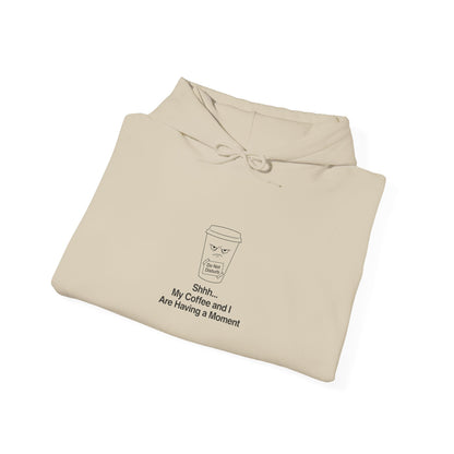 Beige hoodie with "Shhh... My Coffee and I Are Having a Moment" graphic.