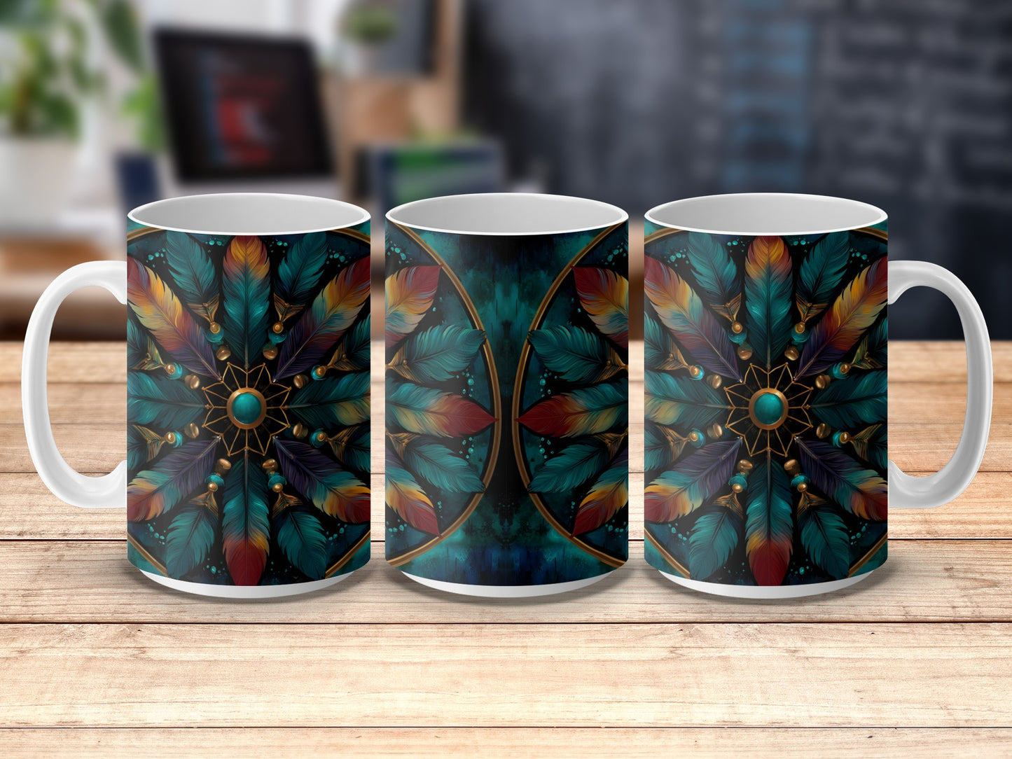 Colorful Feather Design Coffee Mugs, Unique Boho Style Ceramic Cups, Gift Idea