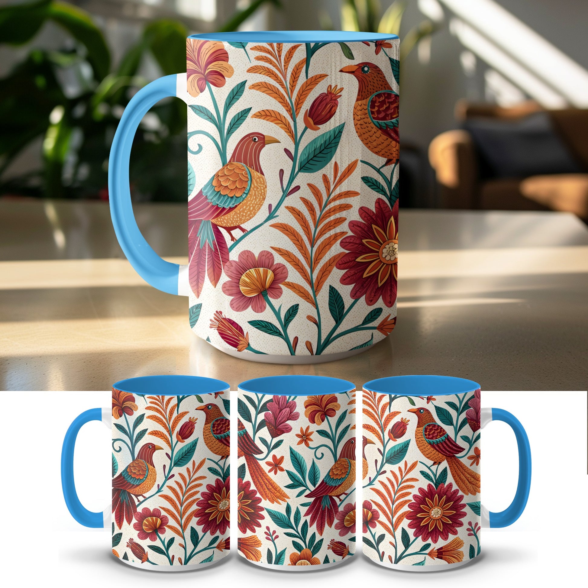 Colorful vibrant bird floral design mug product type
