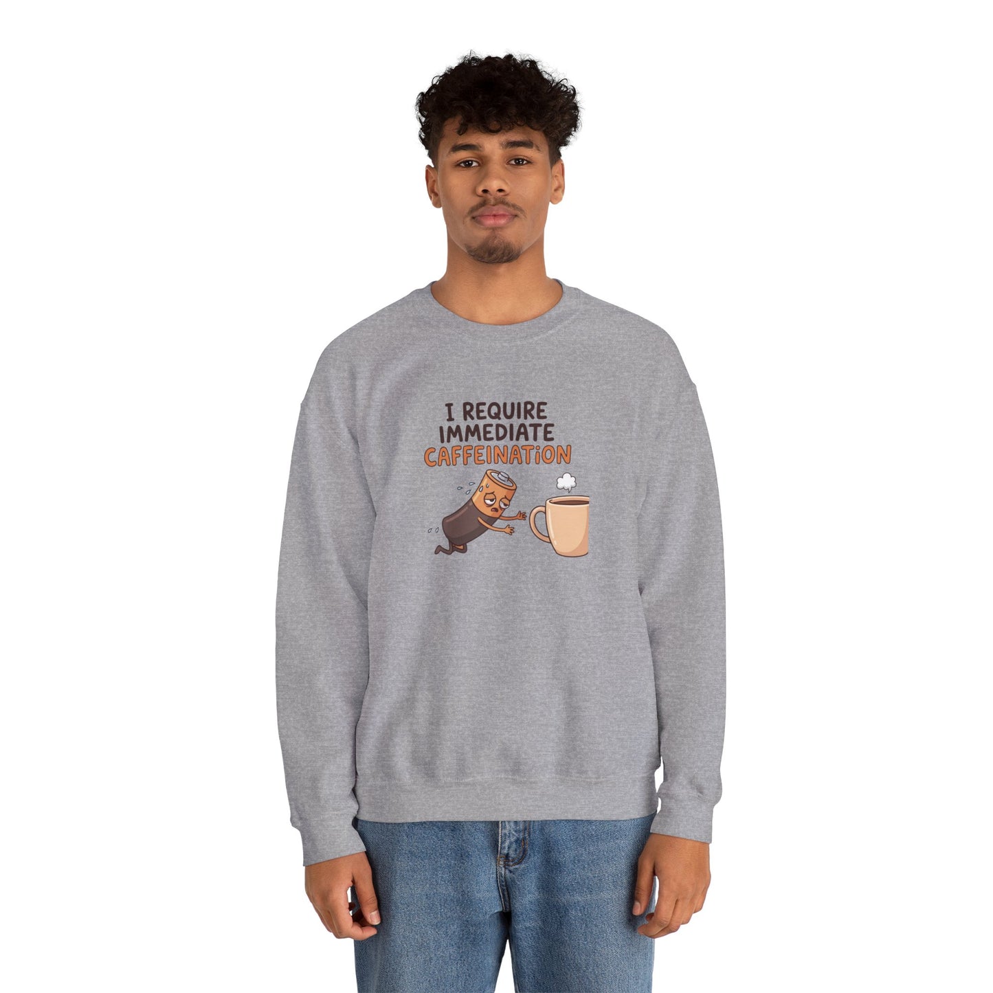 Gray sweatshirt with cartoon coffee cup and text "I require immediate caffeination."