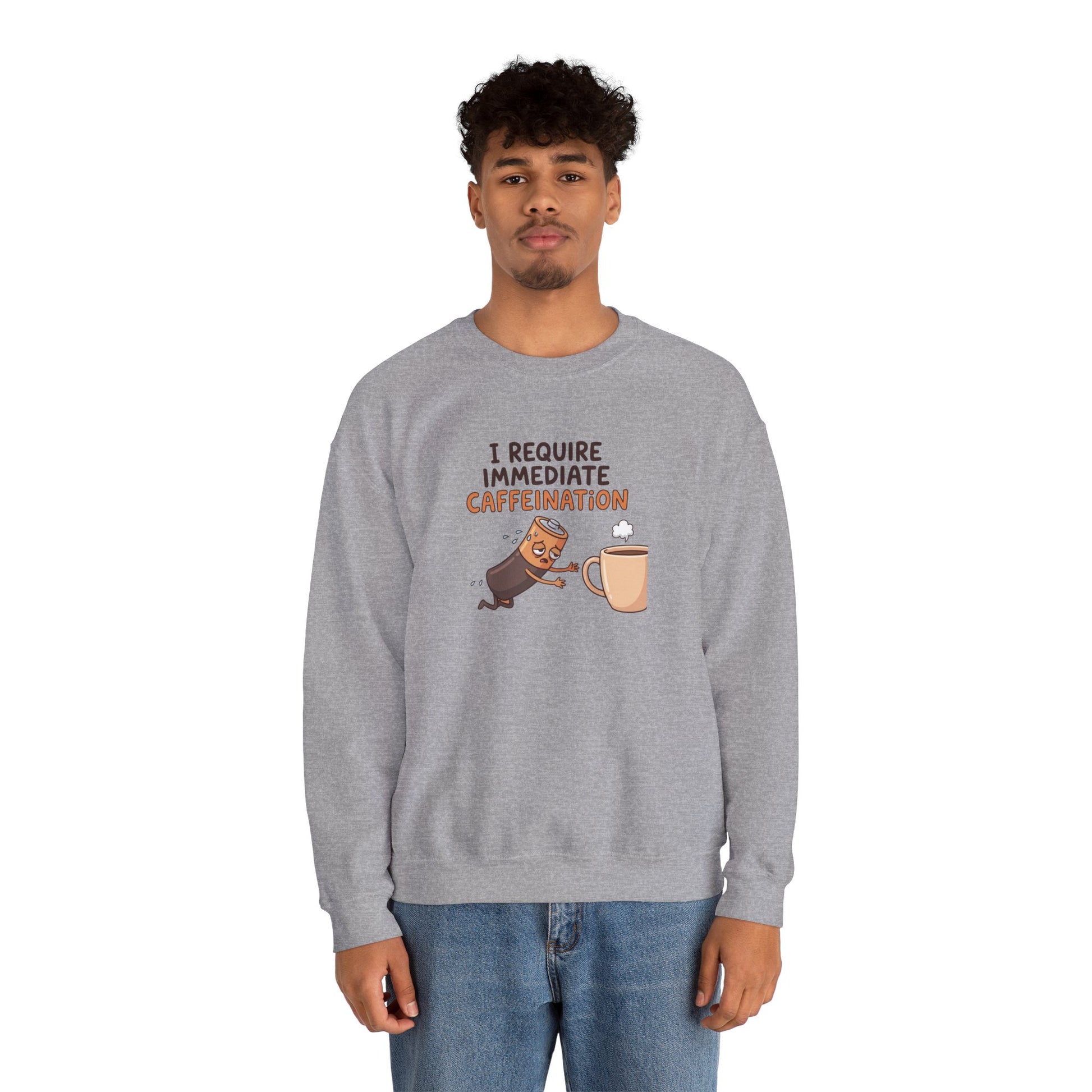 Gray sweatshirt with cartoon coffee cup and text "I require immediate caffeination."