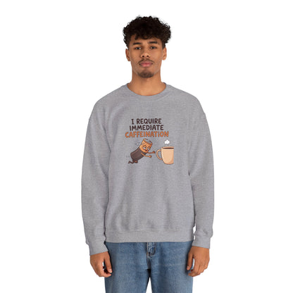 Gray sweatshirt with cartoon coffee cup and text "I require immediate caffeination."