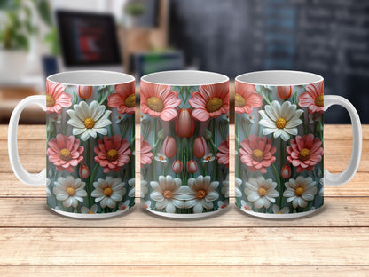 Floral Coffee Mugs, Set of Three, Pastel Spring Flowers, Ceramic Tea Cups, Unique Gift Idea, Kitchen Decor