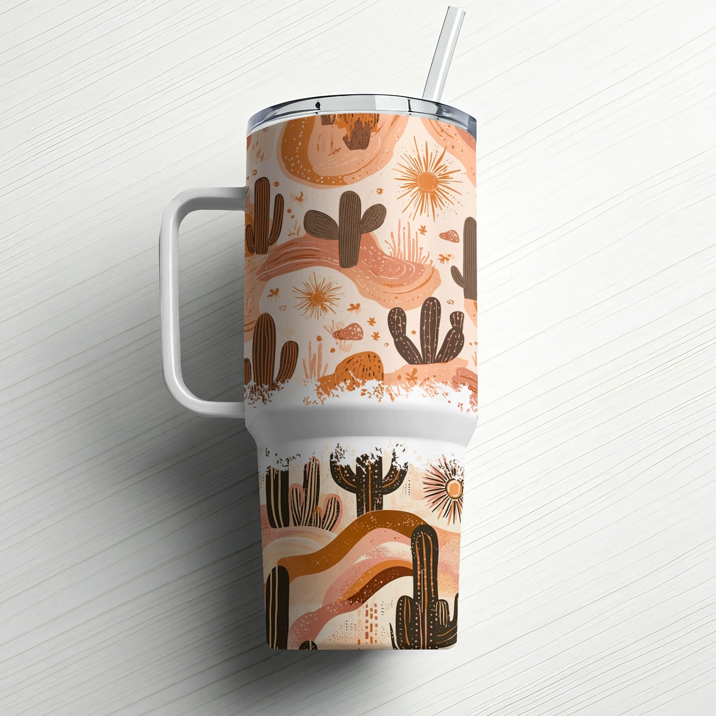 Desert Theme Tumbler, Cactus Print Insulated Travel Mug with Straw, Boho Chic Stainless Steel Drinkware, Gift Idea