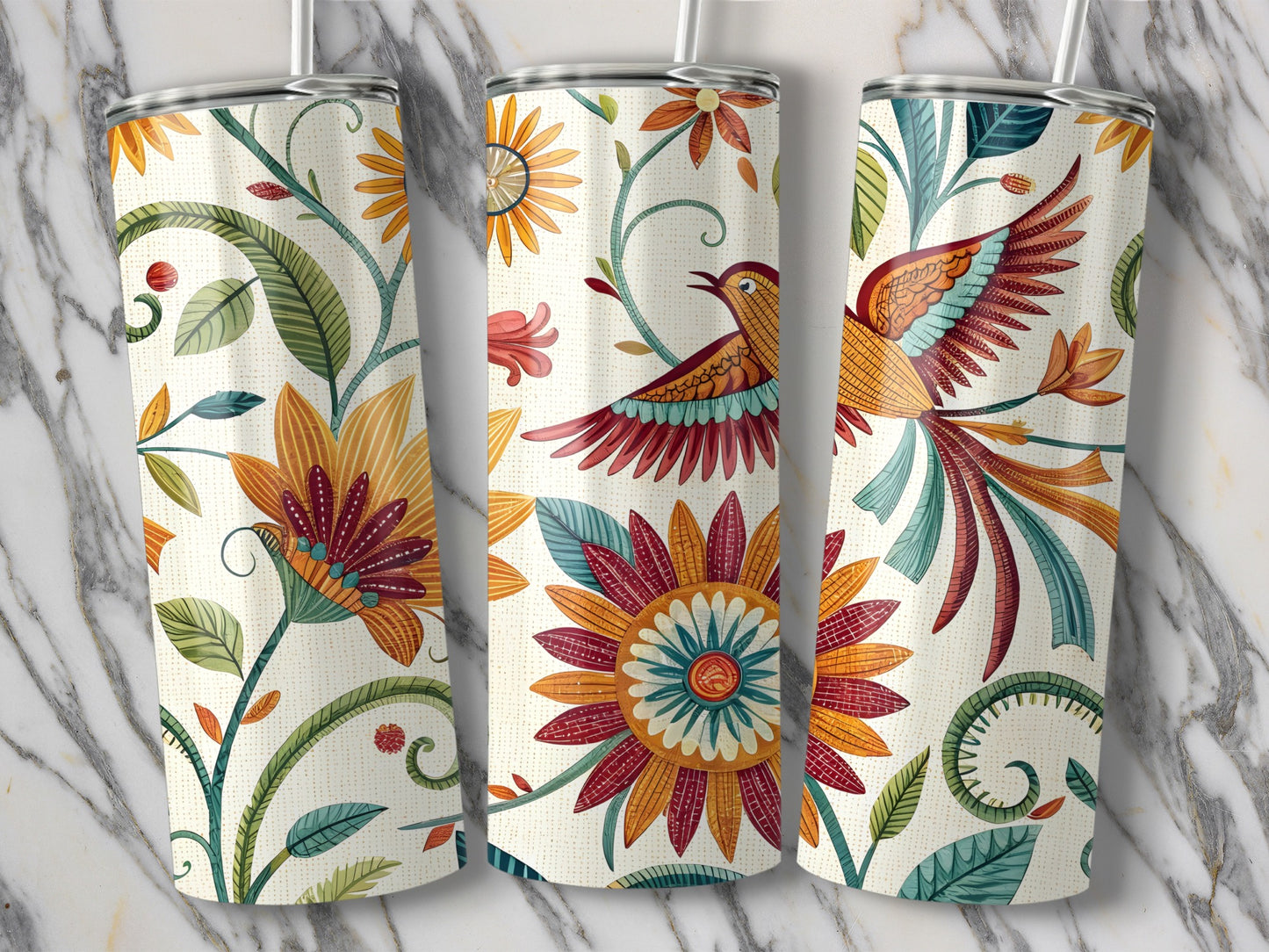 Colorful Floral and Bird Design Tumbler product type