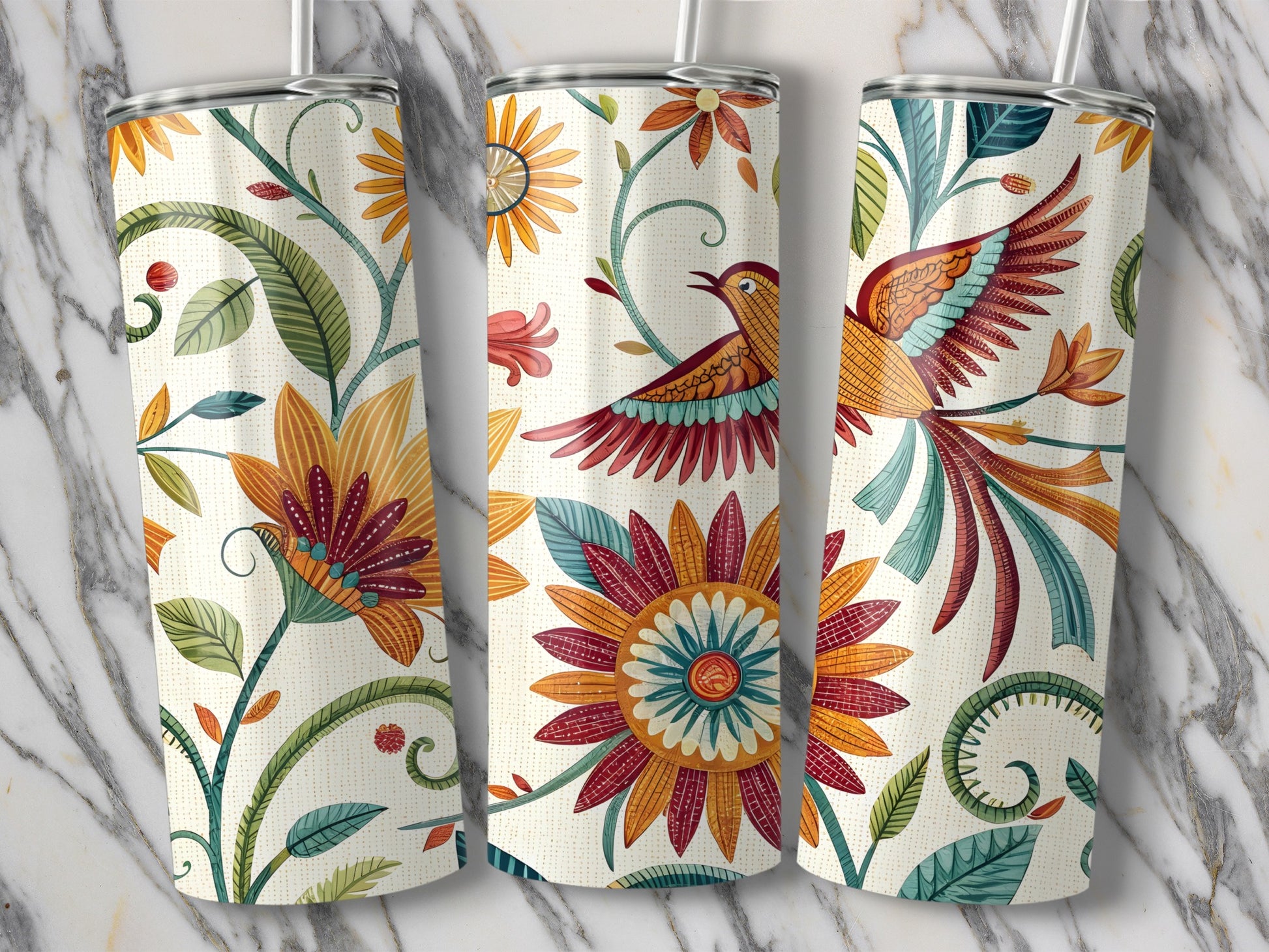 Colorful Floral and Bird Design Tumbler product type