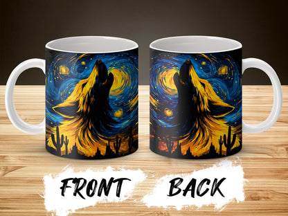 Wolf Howling Starry Night Coffee Mug, Van Gogh Inspired Artistic Drinkware, Unique Wildlife Themed Kitchen Decor