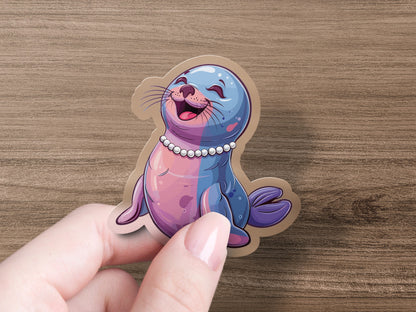Adorable Smiling Seal with Pearl Necklace Sticker Product