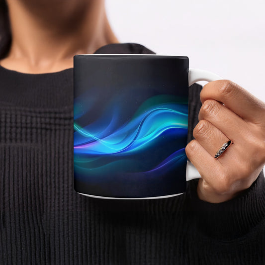 Vibrant Abstract Waves Design on Black Mug product type