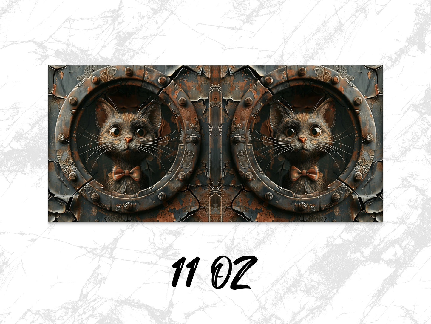 Steampunk Cat Mug 11oz, Rustic Metal Design Cat Lover Gift, Unique Coffee Cup, Kitten in Circular Window, Antique Style Drinkware