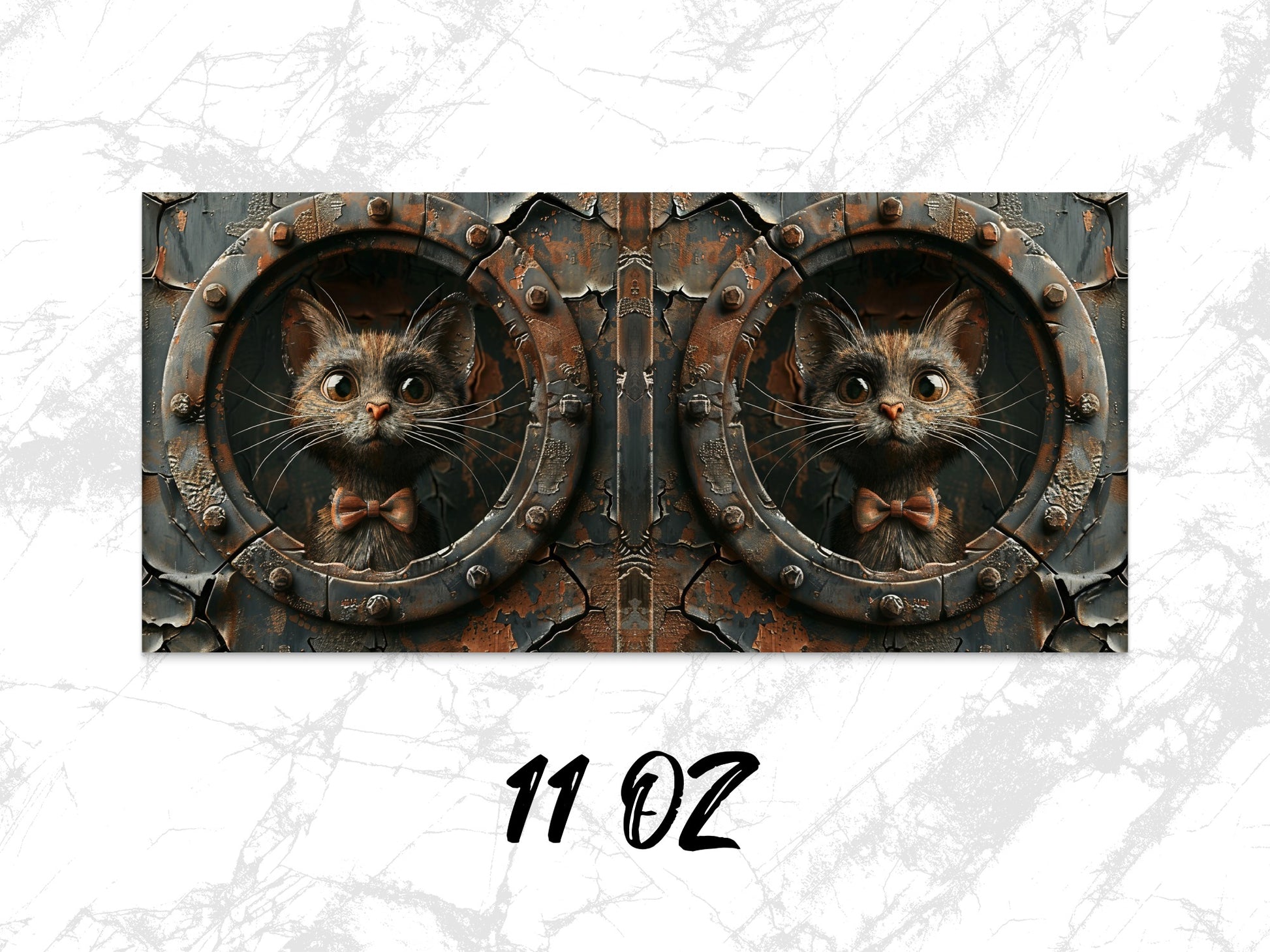 Steampunk Cat Mug 11oz, Rustic Metal Design Cat Lover Gift, Unique Coffee Cup, Kitten in Circular Window, Antique Style Drinkware