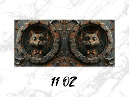 Steampunk Cat Mug 11oz, Rustic Metal Design Cat Lover Gift, Unique Coffee Cup, Kitten in Circular Window, Antique Style Drinkware