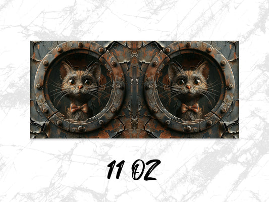 Steampunk Cat Mug 11oz, Rustic Metal Design Cat Lover Gift, Unique Coffee Cup, Kitten in Circular Window, Antique Style Drinkware