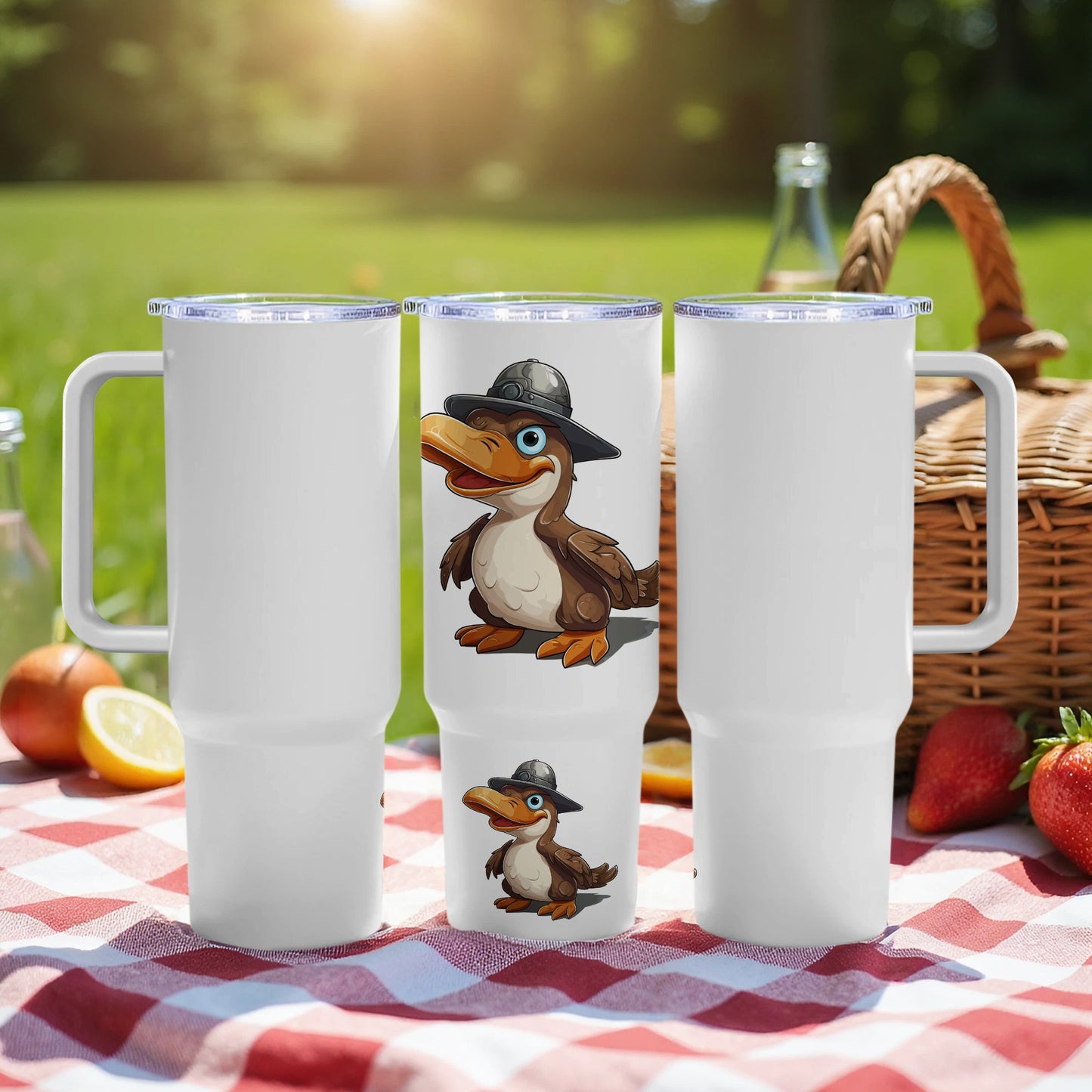 Cartoon Duck Tumbler, Cute Animal Graphic Mug, Insulated Drinkware, Picnic Accessory, Outdoor Dining Essentials, Unique Gift Idea