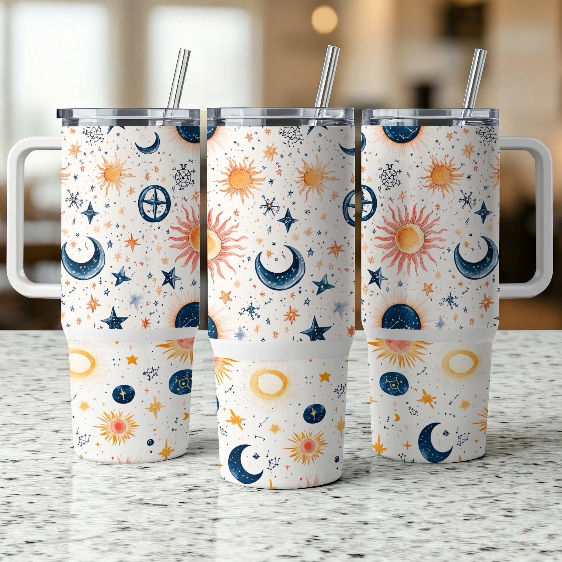 Celestial Tumbler Cups, Sun Moon Stars Design, Insulated Travel Mugs with Lids and Straws, Set of 3