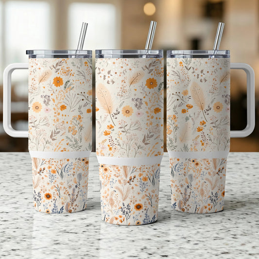 Floral Insulated Tumblers with Lids, Stainless Steel Drinkware, Reusable Straws, Set of 3, Gift Idea