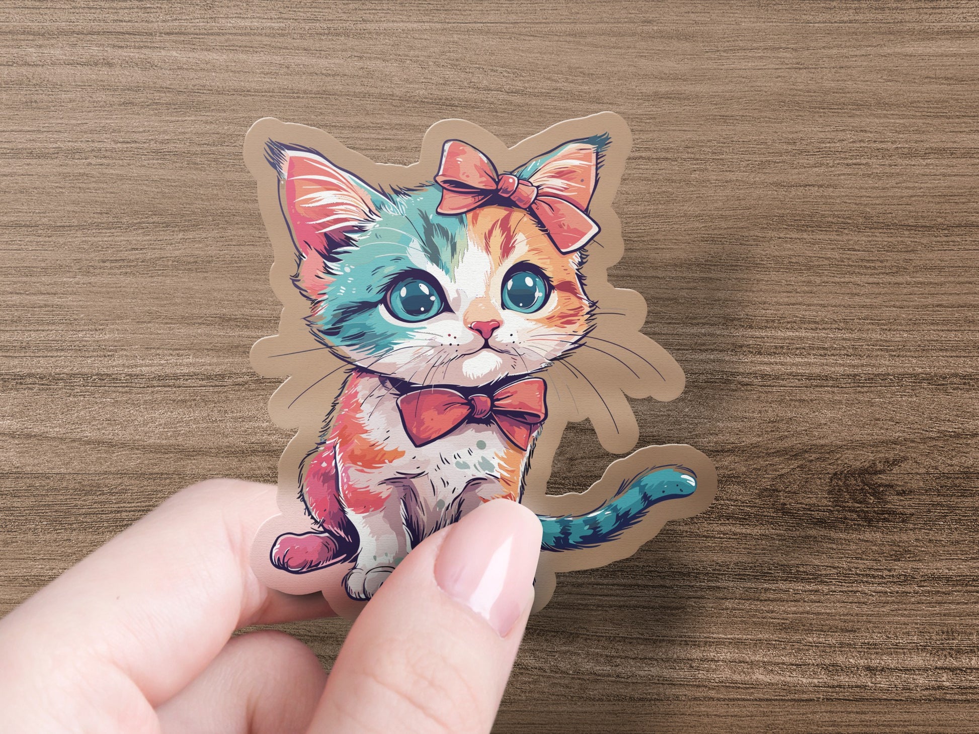 Cute Multicolor Kitten with Bow Stickers product type