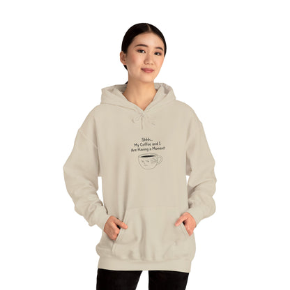 Beige hoodie with "Shhh... My Coffee and I Are Having a Moment" graphic.