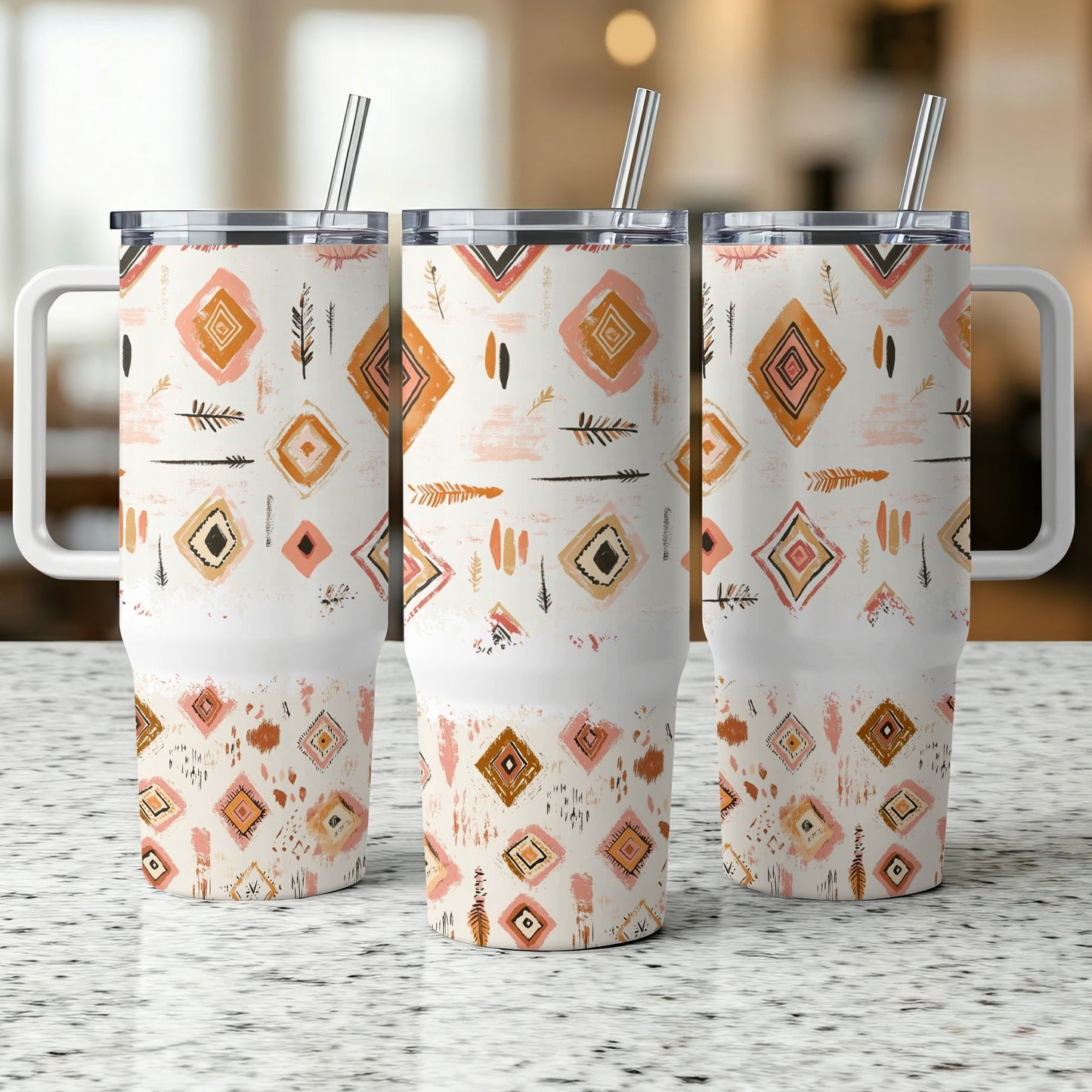 Boho Chic Insulated Tumblers, Stainless Steel Travel Mugs, Trendy Tribal Pattern, Eco-friendly Reusable Drinkware with Straws