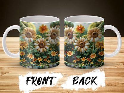 Floral Coffee Mug, Daisy and Sunflower Print, Ceramic Mug, Colorful Flower Decor, Kitchen Gift, Double-Sided Design, Unique Drinkware