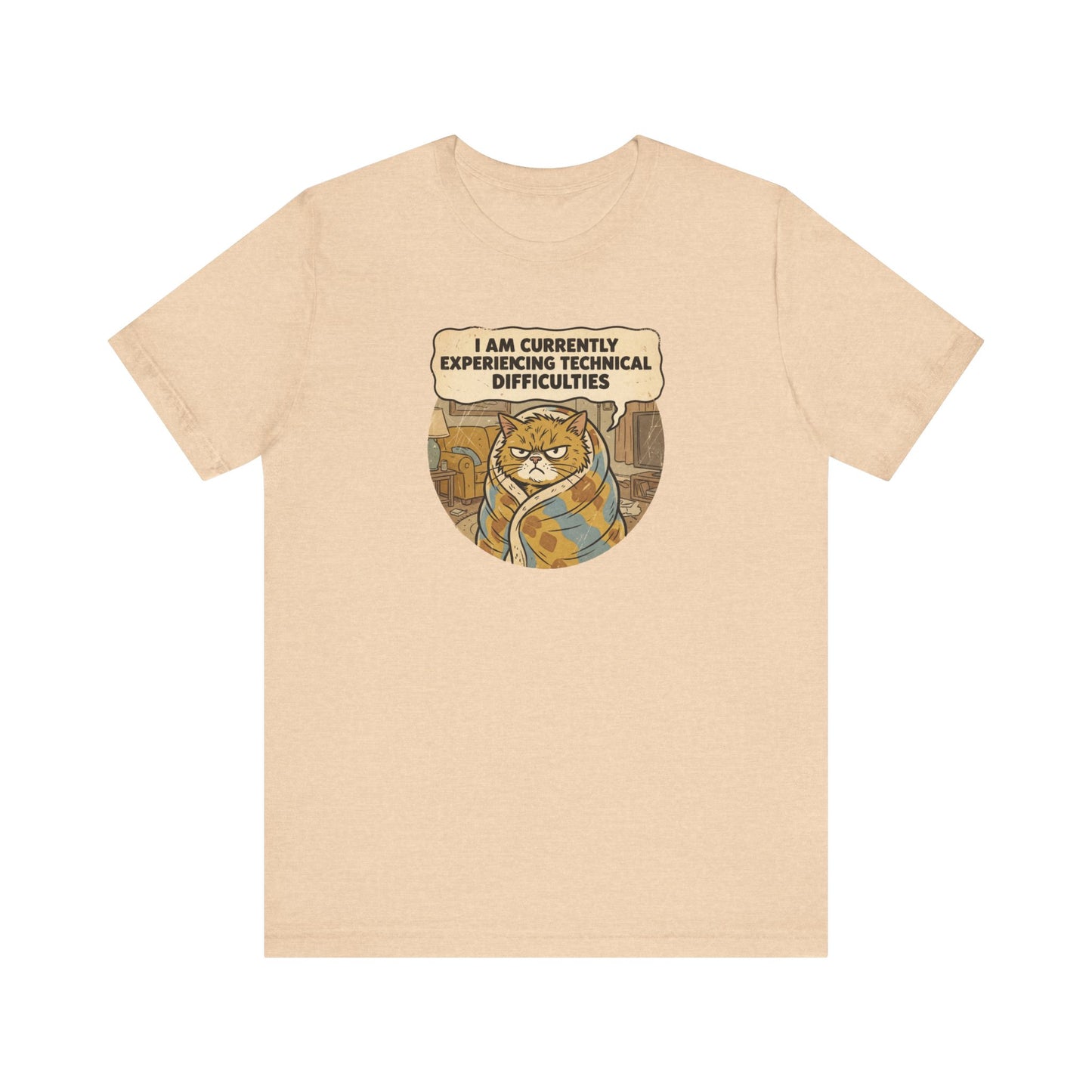 T-shirt with a grumpy cat wrapped in a blanket and text bubble.