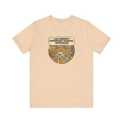 T-shirt with a grumpy cat wrapped in a blanket and text bubble.
