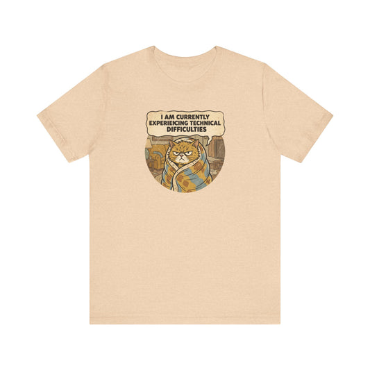 T-shirt with a grumpy cat wrapped in a blanket and text bubble.