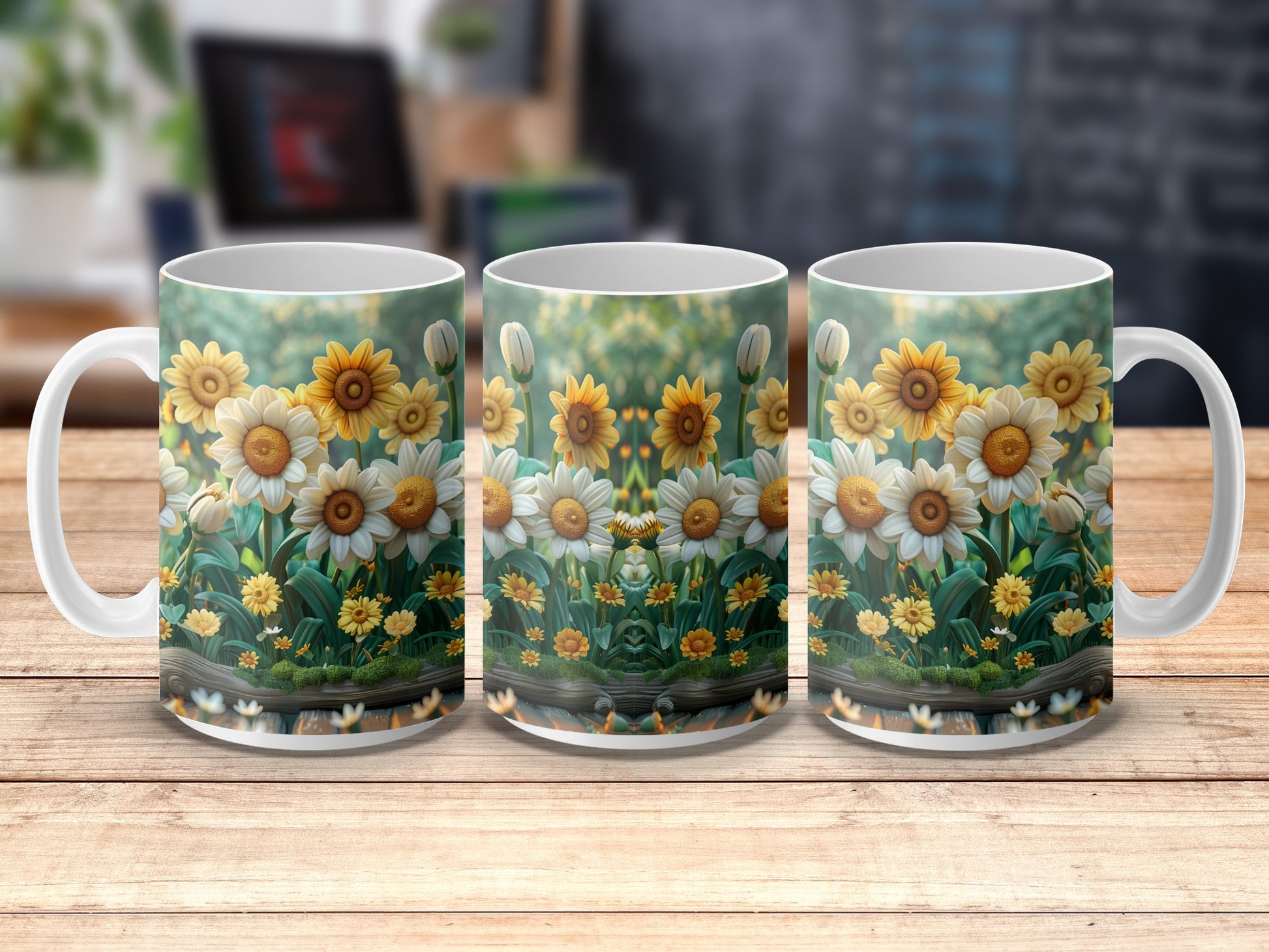Sunflower and Daisy Floral Print Mugs, Spring Theme Ceramic Coffee Cups, Set of 3