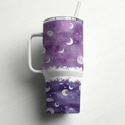 Celestial Tumbler, Purple Galaxy Print, Moon Phases, Stainless Steel Travel Mug with Straw