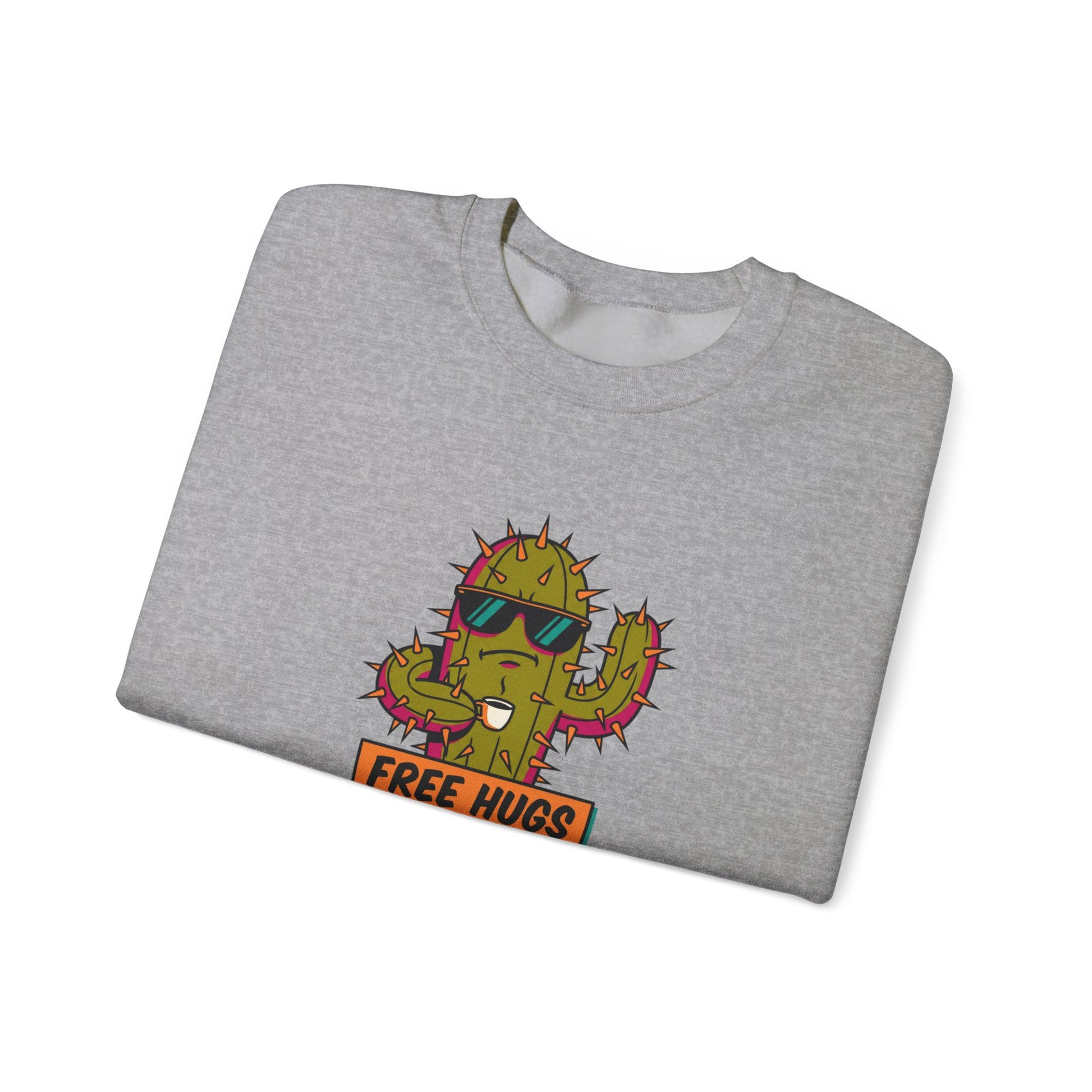 Grey sweatshirt with a cartoon cactus wearing sunglasses and "FREE HUGS" text.