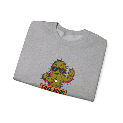 Grey sweatshirt with a cartoon cactus wearing sunglasses and "FREE HUGS" text.