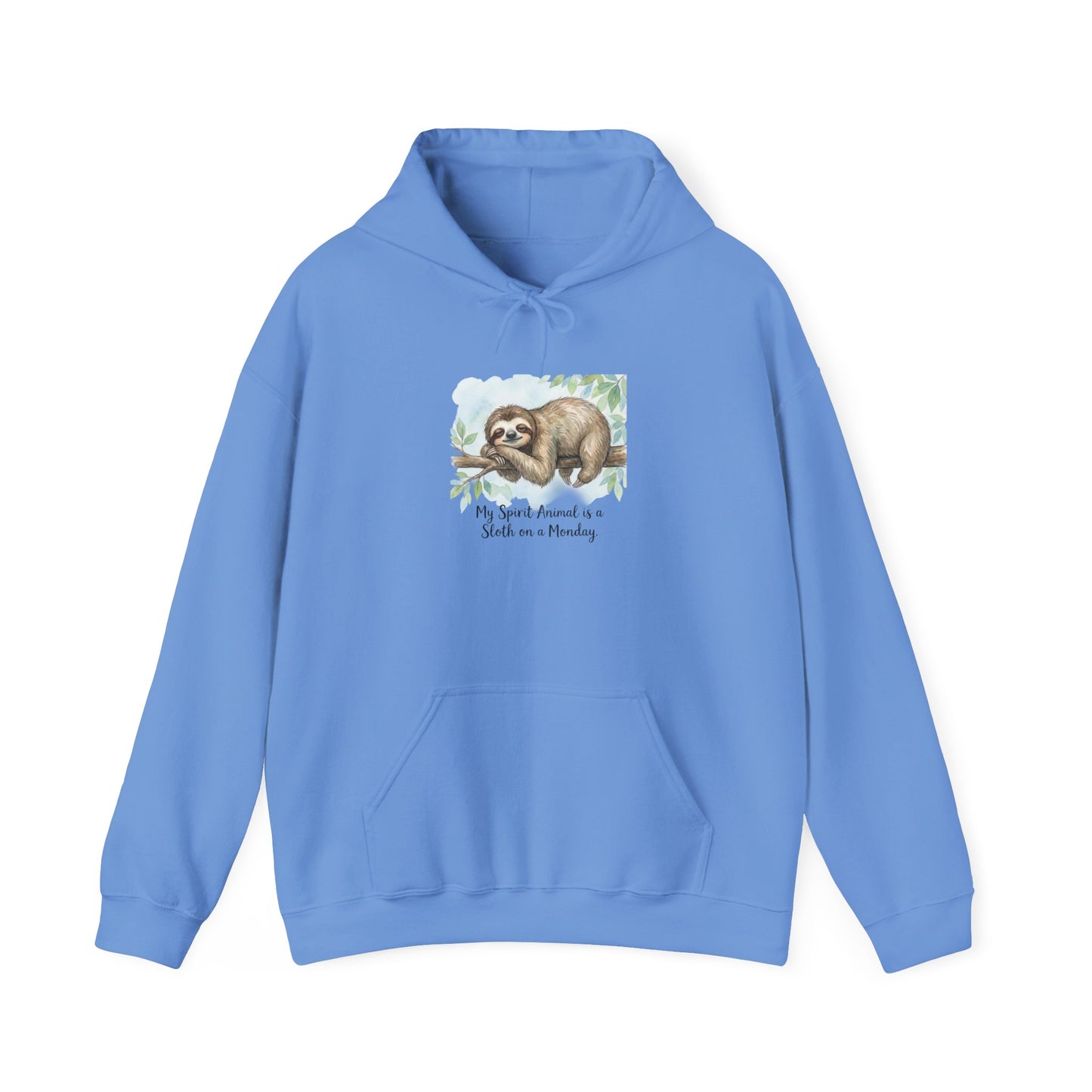 Blue hoodie featuring a watercolor sloth hanging from a branch with text.