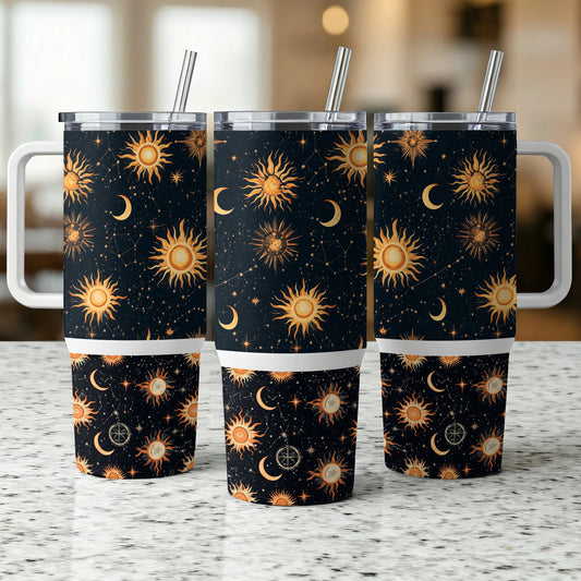 Celestial Pattern Tumbler Set, Sun and Moon Print, Insulated Travel Cups with Straws, Unique Drinkware Gift