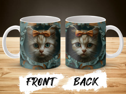 Cute Cat Mug with Bow Tie, Floral Background, Novelty Coffee Cup, Gift for Cat Lovers, Unique Pet Themed Kitchenware