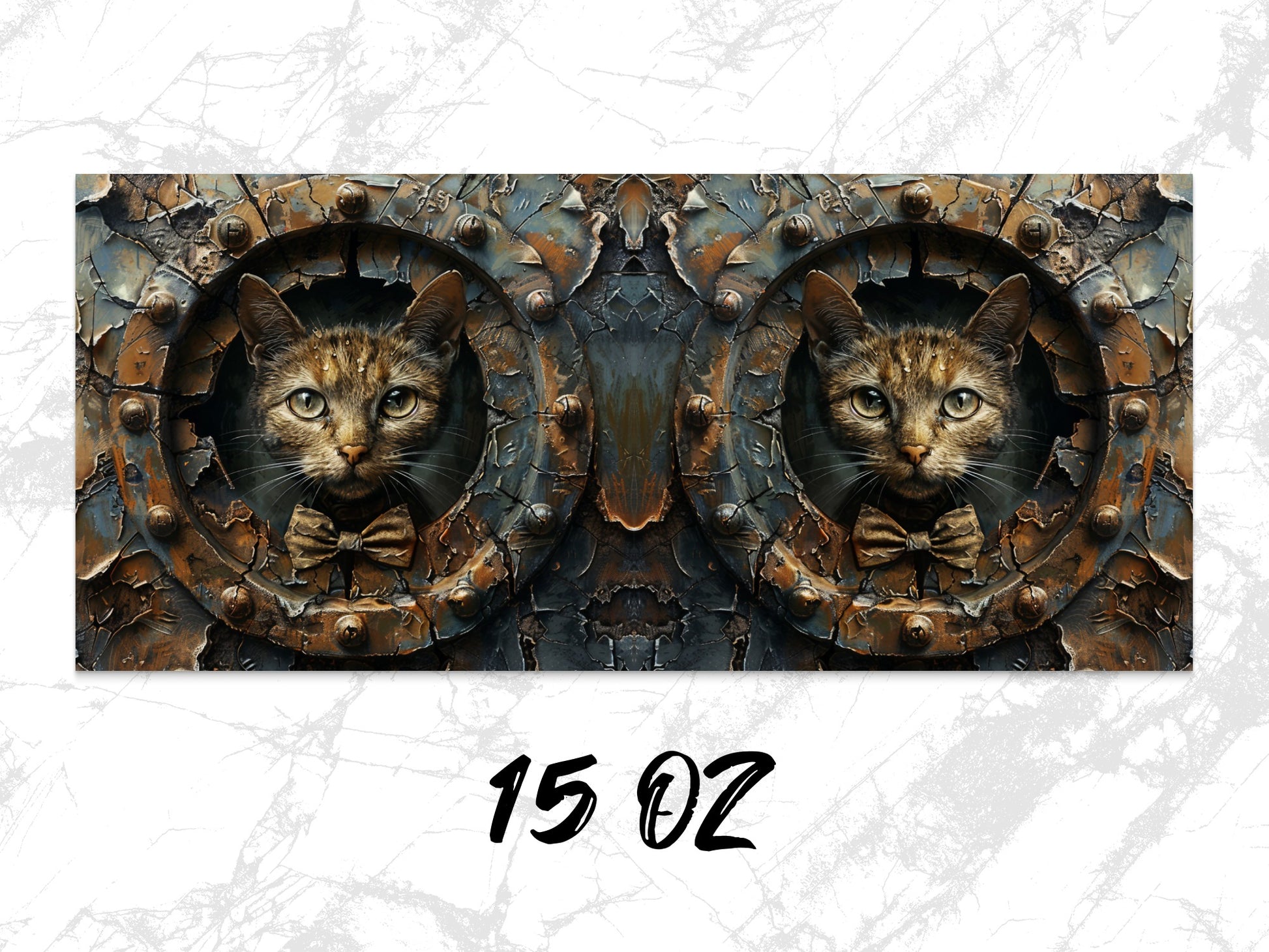 Gothic Cat Art Print, Steampunk Wall Decor, Vintage Cat Portrait, Fantasy Metal Door Artwork, Twin Cats, Unique Home Decor, 15 OZ