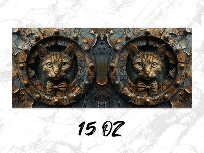 Gothic Cat Art Print, Steampunk Wall Decor, Vintage Cat Portrait, Fantasy Metal Door Artwork, Twin Cats, Unique Home Decor, 15 OZ