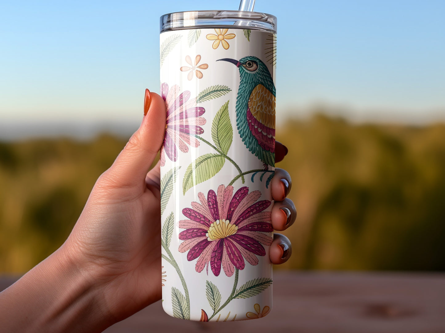 Floral Design Tumbler with Colorful Bird Product Tumblers