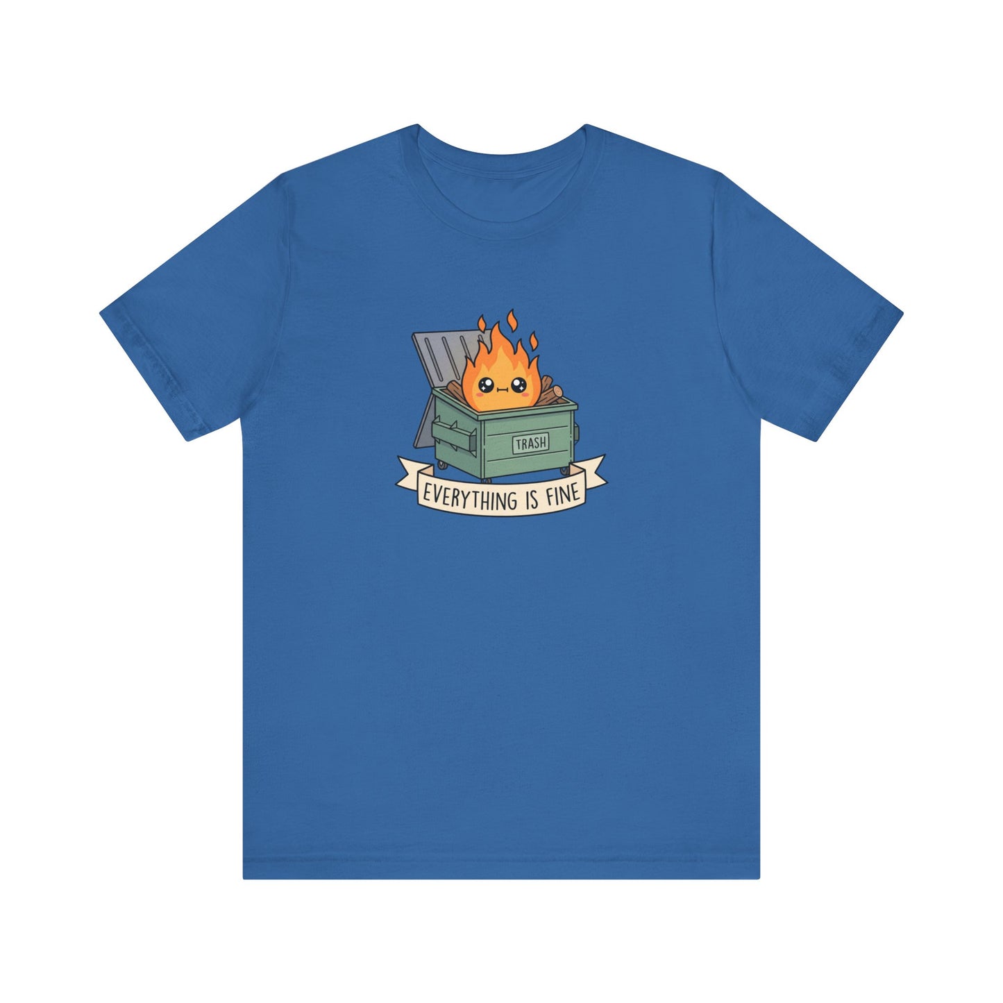 Blue t-shirt with a cartoon dumpster fire illustration and text.