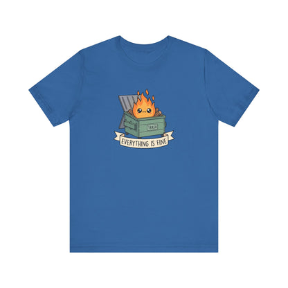 Blue t-shirt with a cartoon dumpster fire illustration and text.
