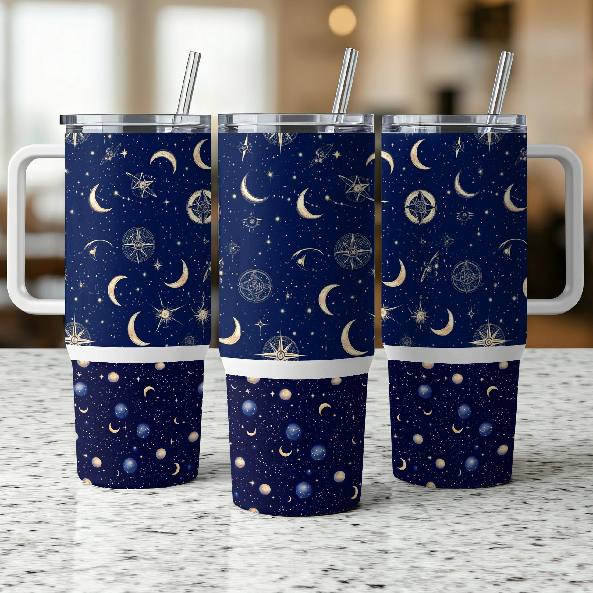 Celestial Tumbler Cups with Lids and Straws, Navy Blue Starry Night Sky, Reusable Drinkware, Astrology Lover Gift, Set of 3