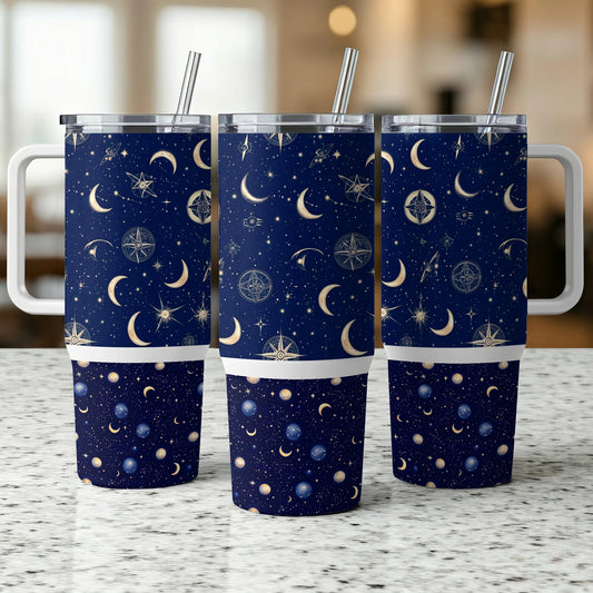 Celestial Tumbler Cups with Lids and Straws, Navy Blue Starry Night Sky, Reusable Drinkware, Astrology Lover Gift, Set of 3